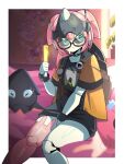  1girl @_@ absurdres alternate_costume aria_(robot)_(zenless_zone_zero) aria_(zenless_zone_zero) bag bespectacled black_choker black_sclera black_shirt blush brown_bag choker closed_mouth clothed_robot colored_sclera commentary cowboy_shot english_commentary glasses glowstick green_eyes highres holding holding_glowstick humanoid_robot indoors jacket joints metal_skin on_bed penlight_(glowstick) pink_hair quad_tails robot robot_girl robot_joints shirt sitting solo sweat ui_gray yellow_jacket zenless_zone_zero 