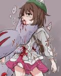  1boy 1girl bag bleeding blood blood_from_mouth blood_on_clothes blood_on_hand blood_on_leg blood_splatter blood_spray blood_stain brown_bag brown_eyes brown_hair cardigan colored_skin commentary_request crushing death dress empty_eyes facing_another gloria_(pokemon) grey_background grey_cardigan grey_skin guro hand_on_another's_neck hand_on_another's_stomach hand_on_another's_waist hand_wrapped_around_waist hat impaled machoke murder panties pantyshot pink_dress poke_ball pokemon pokemon_(creature) pokemon_sword_and_shield sendou_asasuzu short_hair size_difference speech_bubble spitting spitting_blood strangling tam_o'_shanter underwear 