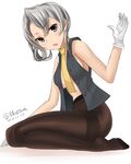  2016 :o arm_up artist_name asymmetrical_hair bare_shoulders blush brasowa brown_legwear buttons crotch_seam dated from_side gloves grey_eyes grey_hair grey_vest kantai_collection looking_to_the_side necktie no_bra nowaki_(kantai_collection) open_clothes open_mouth open_vest pantyhose seiza short_hair simple_background sitting solo thighband_pantyhose twitter_username unbuttoned vest white_background white_gloves yellow_neckwear 