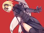  blonde_hair breasts bugbook dutch_angle fate/grand_order fate_(series) headpiece jeanne_d'arc_(alter)_(fate) jeanne_d'arc_(fate)_(all) large_breasts looking_at_viewer red_background short_hair side_slit smile solo standard_bearer thighhighs thighs yellow_eyes 