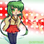  1girl artist_name blue_thighhighs blush breasts brown_shirt catepiteler chibi chibi_only cleavage collarbone colored_shadow commentary english_commentary eyelashes green_eyes green_hair gumi hakama hakama_short_skirt hakama_skirt hand_on_own_hip highres himitsu_no_kingyo_(vocaloid) japanese_clothes knees leaning_forward looking_at_viewer no_shoes pink_tongue red_hakama shadow shirt short_hair short_hair_with_long_locks side_part skirt star-shaped_pupils star_(symbol) swirl symbol-shaped_pupils thighhighs vocaloid 
