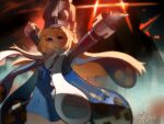 1girl absurdres antzz arms_up artist_name blonde_hair commentary cowboy_shot dated english_commentary gloves grey_hat hat highres large_hat long_sleeves looking_at_viewer norma_hollowell purple_eyes solo zenless_zone_zero 