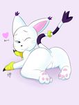  &lt;3 all_fours anthro anus blue_eyes butt dialogue digimon english_text female fur gatomon hi_res looking_back one_eye_closed pose presenting presenting_pussy pussy raised_tail scrabble007 smile solo text white_fur 