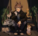  1boy animification antenna_hair bad_id bad_twitter_id bandage_on_cheek bandaged_hand bandages bandaid bandaid_on_hand black_coat brown_eyes brown_hair bush calico_(pattern) calico_cat can cat cigarette coat cola commentary drink drink_can eddsworld eyelid_pull flipped_hair full_body grey_pants grey_shirt hair_ears holding holding_can holding_cigarette holding_drink image_sample inactive_account long_sleeves looking_at_viewer male_focus mautilis_(uvonnn) outdoors pants prototype_design shirt shoes short_hair signature sitting smile solo stairs tongue tongue_out tord_(2004)_(eddsworld) tord_(eddsworld) trench_coat twitter_sample white_cat 