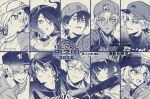  4girls 6+boys akabane_youko baseball_cap baseball_uniform column_lineup copyright_name dark-skinned_male dark_skin ex_albio glasses greyscale grid_lineup grin hair_between_eyes hat hyakumantenbara_salome ibrahim_(nijisanji) inami_rai inui_toko kenmochi_touya kuzuha_(nijisanji) long_hair looking_at_viewer maimoto_keisuke monochrome multiple_boys multiple_girls nijisanji nijisanji_koshien ninahachi shiina_yuika short_hair smile sportswear sweat undershirt virtual_youtuber watermark 