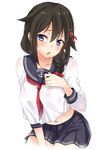  :o black_hair blue_eyes blush bra braid commentary_request cosplay hair_flaps hair_ornament highres inazuma_(kantai_collection) inazuma_(kantai_collection)_(cosplay) kantai_collection midriff navel remodel_(kantai_collection) sarfata school_uniform see-through shigure_(kantai_collection) single_braid solo sweat underwear wet wet_clothes 