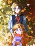  2boys absurdres akizuki_leo akizuki_luca blonde_hair blue_eyes blue_sweater_vest brothers choroi_amachori closed_mouth collared_shirt commentary_request crossdressing crossdressing_(mtf) flower hair_intakes hair_ribbon highres holding holding_stuffed_toy looking_at_viewer male_focus medium_hair multiple_boys neck_ribbon parted_bangs parted_lips puffy_sleeves red_ribbon ribbon sayonara_lara shirt siblings signature straight-on stuffed_animal stuffed_toy sweater_vest three-quarter_sleeves trap twitter_username white_flower white_shirt yellow_flower 