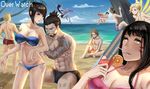  5girls abs absurdres arm_up bare_shoulders barefoot beach bikini bikini_top black_eyes black_hair black_swimsuit blue_eyes blue_sky breasts cleavage cloud cloudy_sky collarbone copyright_name cup d.va_(overwatch) day dragon_tattoo drinking_glass drinking_straw error face facepaint facial_hair facial_mark genji_(overwatch) glass groin guoguo hanzo_(overwatch) head_mounted_display helmet highres holding holding_cup jealous junkrat_(overwatch) large_breasts long_hair looking_at_viewer male_swimwear mccree_(overwatch) mechanical_wings mei_(overwatch) mercy_(overwatch) midair multiple_boys multiple_girls muscle navel no_eyewear ocean outdoors overwatch palm_tree pink_swimsuit pout purple_skin red_swimsuit sand shirtless short_hair short_ponytail side-tie_bikini sidelocks sitting sky spiked_hair stomach swim_trunks swimsuit swimwear tattoo tracer_(overwatch) tree very_long_hair water_gun whisker_markings widowmaker_(overwatch) wings yellow_eyes yellow_swimsuit 