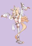  1girl absurdres animal_ear_fluff animal_ears armlet armpits arms_up bangle bikini blonde_hair blue_archive bracelet breasts bright_pupils commentary dancer extra_ears floating_hair flower flower_wreath fox_ears fox_girl full_body gem gold_armlet gold_bangle gold_choker gold_trim hair_flower hair_ornament halo harem_outfit high_heel_sandals high_heels highleg highleg_bikini highres holding_shawl jewelry long_hair looking_at_viewer manifold_(pixiv_35678635) mouth_veil multi-strapped_bikini_bottom multicolored_eyes navel parted_hair pelvic_curtain purple_background red_gem sandals see-through_clothes see-through_pelvic_curtain see-through_sleeves see-through_veil seia_(blue_archive) seia_(harem)_(blue_archive) shawl simple_background small_breasts solo split standing standing_on_one_leg standing_split stomach swimsuit tail thighhighs thighs veil white_bikini white_pupils white_shawl white_thighhighs yellow_halo 