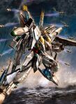  absurdres aiming aiming_at_viewer artist_name beam_cannon beam_rifle cloud commentary_request contrail energy_gun firing flying funnels_(gundam) green_eyes gundam gundam:_hathaway's_flash highres holding holding_energy_gun holding_weapon itano_circus lightning loader-0015 mecha mecha_focus mobile_suit muzzle_flash no_humans ocean outdoors rain realistic robot science_fiction shield sky solo thrusters v-fin water weapon xi_gundam 