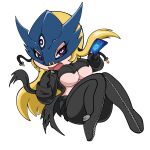  1girl :d ankle_gun beelstarmon belt black_belt black_boots black_coat black_gloves black_pants black_vest blonde_hair blue_mask boots breasts card chibi chibi_only coat commentary crop_top cropped_vest digimon digimon_(creature) digimon_card_game eye_mask full_body giga-kunskap gloves heart heart-shaped_pupils high_heel_boots high_heels highres holding holding_card large_breasts leather leather_pants long_hair looking_at_viewer mask open_clothes open_coat open_mouth pants purple_eyes sidelocks simple_background smile solo stomach symbol-shaped_pupils third_eye tight_clothes tight_pants torn_clothes torn_coat trading_card underboob vest white_background zipper 