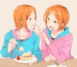  aoi_hinata aoi_yuuta blush brothers cake eating ensemble_stars! food food_on_face fork fruit green_eyes hair_ornament hairclip hood hoodie male_focus multiple_boys nakasaka_sakana open_mouth orange_hair siblings simple_background smile strawberry twins 