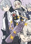  1girl 3boys aristocratic_clothes bandana bandana_around_neck black_hairband blue_bandana blue_cape brothers butler cape commentary dwyer_(fire_emblem) family father_and_child father_and_son female_corrin_(fire_emblem) fire_emblem fire_emblem_fates gloves grey_hair grid_background hair_between_eyes hairband hand_up highres jakob_(fire_emblem) kita_senju long_hair low_ponytail male_kana_(fire_emblem) mother_and_child mother_and_son multiple_boys open_mouth parent_and_child pointy_ears ponytail purple_gloves red_eyes siblings simple_background smile 