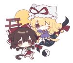  2girls :3 animal_ears animal_hat ascot blonde_hair blush blush_stickers bow brown_eyes brown_hair cat_ears cat_girl cat_tail chibi chibi_only chinese_commentary choker closed_mouth commentary_request cup detached_sleeves dress frilled_bow frilled_hair_tubes frills gap_(touhou) gloves hair_bow hair_tubes hakurei_reimu hat hat_ribbon highres holding holding_cup kemonomimi_mode long_hair looking_at_viewer mg2si mob_cap multiple_girls multiple_hair_bows one_eye_closed orb purple_dress purple_eyes red_bow red_ribbon red_skirt ribbon ribbon-trimmed_sleeves ribbon_choker ribbon_trim simple_background single_blush_sticker skirt skirt_set tail torii touhou transparent_background very_long_hair white_gloves white_hat yakumo_yukari yellow_ascot yin_yang yin_yang_orb yunomi 