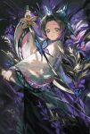  1girl absurdres animal_print black_hair blue_butterfly bow bug butterfly butterfly_hair_ornament butterfly_print butterfly_print_haori checkered_haori commentary demon_slayer_uniform feet_out_of_frame flower gradient_hair hair_bow hair_ornament haori highres holding holding_sheath holding_weapon japanese_clothes kimetsu_no_yaiba kochou_shinobu looking_at_viewer loong_(loong_blo) making-of_available multicolored_hair purple_butterfly purple_hair sheath short_hair smile solo standing untranslatable_commentary weapon wisteria 