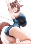  1girl :d animal_ears arm_up armpits ass barefoot black_one-piece_swimsuit blush breasts brown_hair commentary_request dantsu_flame_(umamusume) from_behind herohero_(higashi_no_dou) highres horse_ears horse_girl huge_breasts kneeling looking_at_viewer looking_back one-piece_swimsuit open_mouth short_hair simple_background smile solo swimsuit thighs umamusume white_background yellow_eyes 