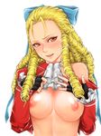  areolae blonde_hair bow breasts drill_hair fingerless_gloves forehead gloves hair_bow hair_pulled_back highres kanzuki_karin long_hair looking_at_viewer medium_breasts nipples pocari66 solo street_fighter street_fighter_v undressing upper_body 