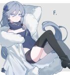  1girl black_shoes black_shorts black_thighhighs blue_eyes blue_leotard border breasts chinese_commentary coat commentary_request covered_navel fu_hua fu_hua_(shadow_knight) fur-trimmed_coat fur_trim grey_background grey_hair highres honkai_(series) honkai_impact_3rd leotard long_hair looking_at_viewer manfu_w shoes short_shorts shorts simple_background small_breasts solo thighhighs very_long_hair white_border 
