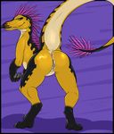  anthro anus butt claws dinosaur female green_eyes hair hi_res hushpuppy looking_back nude pose presenting presenting_hindquarters purple_hair pussy raised_tail raptor scalie smile solo theropod 
