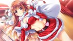  1girl baka_moe_heart_ni_ai_wo_komete! belt breasts brown_hair christmas_outfit cleavage female game_cg gloves heart highres large_breasts mizuki_makoto navel praline purple_eyes riv santa_costume skirt smile solo takai_kanae 