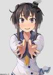  :d blush brown_eyes gradient_hair grey_hair hairband hat hinami_(hinatamizu) kantai_collection looking_at_viewer mini_hat multicolored_hair open_mouth school_uniform serafuku short_hair_with_long_locks smile smoke solo sweat tokitsukaze_(kantai_collection) twintails twitter_username two-tone_hair 