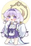  1girl :d absurdres barefoot blush_stickers braid chibi commentary_request crescent crescent_hair_ornament detached_sleeves egasumi full_body hair_ornament hairband hakama hakama_short_skirt hakama_skirt highres japanese_clothes kibisake long_hair long_sleeves low_twintails purple_eyes purple_hair purple_hairband purple_hakama ribbon-trimmed_hakama ribbon-trimmed_sleeves ribbon_trim shadow shide short_eyebrows simple_background skirt sleeves_past_fingers sleeves_past_wrists smile solo standing thick_eyebrows trickcal twin_braids twintails very_long_hair white_background white_sleeves wide_sleeves yomi_(trickcal) 