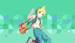  1boy aqua_eyes aqua_hat aqua_pants aqua_vest bag beret blonde_hair blue_background bow bowtie bracelet closed_mouth collared_shirt colorful_palette cropped_vest dot_nose drive_to_dream!_(project_sekai) fingernails flipped_hair foot_out_of_frame game_asset green_background hat highres jewelry jumping kagamine_len looking_at_viewer male_focus midriff_peek nail_polish official_alternate_costume official_art open_clothes open_vest orange_bag orange_bow orange_bowtie orange_pantyhose pants pantyhose platform_heels platform_shoes project_sekai shirt shoes short_sleeves smile solo split_mouth star_(symbol) third-party_source triangle two-tone_background vest vocaloid w white_shirt white_shoes wonderlands_x_showtime_len yellow_nails 