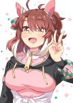  1girl ahoge animal_ears black_shrug blush breasts brown_eyes brown_hair checkered_ribbon commentary_request dantsu_flame_(center_spotlight)_(umamusume) dantsu_flame_(umamusume) ear_covers ear_ribbon hair_between_eyes hairband highres horse_ears horse_girl large_breasts looking_at_viewer mgr3na2sup_6 multicolored_hair open_mouth pink_hairband shirt shrug_(clothing) simple_background smile solo tied_shirt umamusume upper_body v white_background white_hair 