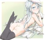  artist_name black_legwear blue_eyes blush border breasts dated falco_arrow flat_cap green_background hair_between_eyes hat hibiki_(kantai_collection) highres kantai_collection legs_up long_hair looking_at_viewer looking_back lying medium_breasts nipples nose_blush on_stomach shirt shoes_removed solo thighhighs verniy_(kantai_collection) white_border white_hair white_shirt 