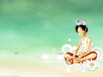  1boy animal black_hair cat flower indian_style lotus male male_focus monkey_d_luffy one_piece red_shorts sandals scar sitting solo wallpaper 