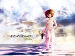  brown_hair dress gun handgun highres noir ocean pistol sea short_hair sky weapon yuumura_kirika 