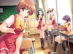  :d black_hair black_legwear bow bowtie brown_eyes brown_hair chalkboard classroom desk glasses green_eyes grin hairband indoors kamiizumi_yasuna kashimashi kneehighs kurusu_tomari looking_at_viewer mari_ayuki mary_janes multiple_girls open_mouth osaragi_hazumu purple_eyes red_skirt richu school school_desk school_uniform shirt shoes short_hair short_sleeves sitting skirt smile table twintails vest white_shirt window 