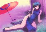  against_tree arm_support ayanami_rei blue_hair china_dress chinese_clothes dress high_heels highres kobayashi_yuuji legs lying neon_genesis_evangelion oriental_umbrella outdoors red_eyes red_umbrella shoes short_hair solo tree umbrella under_tree 