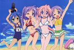  4girls absurdres beach beach_party bikini blue_hair camera friends glasses green_eyes highres hiiragi_kagami hiiragi_tsukasa izumi_konata lucky_star multiple_girls one-piece_swimsuit pink_hair purple_eyes purple_hair school_swimsuit summer swimsuit takara_miyuki twins 