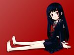  arm_support bangs barefoot black_hair black_serafuku blunt_bangs enma_ai feet hime_cut jigoku_shoujo kokekokko_coma long_hair long_legs red_background red_eyes school_uniform serafuku sitting sketch skirt solo 