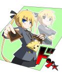  2girls :3 black_necktie black_ribbon blonde_hair blue_eyes blush card closed_mouth cosplay crossed_arms hair_ribbon highres holding holding_card kill_me_baby long_hair long_sleeves multiple_girls mutou_yuugi mutou_yuugi_(cosplay) necktie ribbon sonya_(kill_me_baby) twintails yachima_tana yu-gi-oh! 