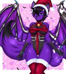  anthro breasts canine christmas clothed clothing female hat holidays horn hybrid legwear looking_at_viewer mammal one_eye_closed priincessu santa_hat simple_background smile solo standing thigh_highs wide_hips wings 