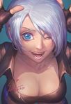  2016 ;d ;o angel_(kof) bangs blue_background blue_eyes breasts cleavage colored_eyelashes cropped_jacket dated eyebrows eyelashes fingerless_gloves from_above gloves hair_over_one_eye highres jacket large_breasts lavender_hair looking_at_viewer makeup mascara one_eye_closed open_mouth short_hair signature silver_hair smile solo spade-m swept_bangs teeth the_king_of_fighters white_hair zipper 