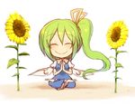  ^_^ chibi closed_eyes daiyousei fairy_wings flower green_hair hair_ribbon kuresento long_hair lotus_position ribbon side_ponytail sitting smile solo sunflower touhou very_long_hair wings 