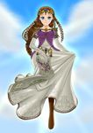  blue_eyes boots breasts brown_hair dress hair_ornament highres long_hair medium_breasts pointy_ears princess_zelda smile solo the_legend_of_zelda the_legend_of_zelda:_twilight_princess tiara triforce yuino_(fancy_party) 