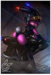  2015 anthro armor breasts butt clothing female fernando_faria fur gloves helmet kandy_kotton lagomorph legwear looking_at_viewer looking_back mammal monocycle motorcycle pink_eyes pink_fur pink_nose police rabbit rear_view solo thigh_highs vehicle 