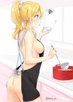  apron ass ayase_eli blonde_hair blue_eyes breasts flat_ass from_side hazuki_natsu ladle long_hair love_live! love_live!_school_idol_project medium_breasts naked_apron ponytail pot profile scrunchie sideboob solo squiggle tongue tongue_out twitter_username white_scrunchie 