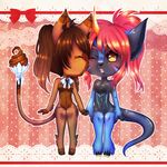  anthro chibi duo fangs feline female mammal open_mouth priincessu simple_background teeth tongue 