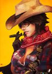 absurdres bandana bangs belt between_fingers blue_eyes bra breasts brown_hair buttons cape casual cigar cleavage closed_mouth cowboy_hat crop_top genderswap genderswap_(mtf) glasses gun hair_between_eyes handgun hat highres holding holding_cigar holster lace lace-trimmed_bra looking_at_viewer mccree_(overwatch) mechanical_arm medium_breasts monori_rogue open_clothes open_shirt overwatch pistol scarf sheath sheathed shirt short_hair sidelocks simple_background solo taut_clothes taut_shirt torn_clothes torn_hat unbuttoned unbuttoned_shirt underwear upper_body weapon 