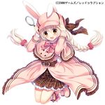  :d adjusting_clothes adjusting_hat animal_ears belt blonde_hair boots bow braid brown_skirt bunny_ears dmm hagino_kouta hat long_hair mabel_(red_corruption) magnifying_glass official_art open_mouth pink_bow pink_coat pink_footwear pink_hat plaid plaid_skirt red_corruption skirt smile solo twin_braids watermark white_background 