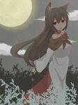  animal_ears ao_(aoblueao) brooch brown_hair dress full_moon highres imaizumi_kagerou jewelry long_sleeves looking_at_viewer moon night open_mouth red_eyes solo star touhou wide_sleeves wolf_ears 