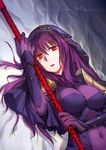  aliesta bodysuit breasts fate/grand_order fate_(series) gae_bolg holding holding_weapon large_breasts long_hair polearm purple_bodysuit purple_hair red_eyes scathach_(fate)_(all) scathach_(fate/grand_order) solo spear veil weapon 