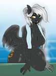  2016 amber_eyes anthro arnachy automail big_breasts black_feathers blue_eyes breasts cutie_mark equine fan_character feathered_wings feathers female hair heterochromia hi_res looking_at_viewer mammal mechanical_arm my_little_pony open_mouth pegasus prosthetic silver_hair solo towel water wet wings 