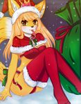  anthro bra breasts candy candy_cane canine christmas clothed clothing female food fox hat holidays looking_at_viewer mammal panties priincessu santa_hat sitting smile solo underwear 