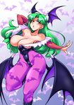  animal_print bare_shoulders bat_print breasts bridal_gauntlets brown_eyes cleavage covered_navel green_hair head_wings highres hips large_breasts long_hair looking_at_viewer low_wings morrigan_aensland pantyhose parted_lips print_legwear purple_wings ryoi solo thighs vampire_(game) wings 